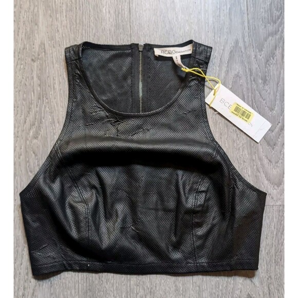 BCBGeneration Crop Tank Black Top Faux Leather Back Zip Size 0 NWT Fast Shipping - Picture 1 of 16